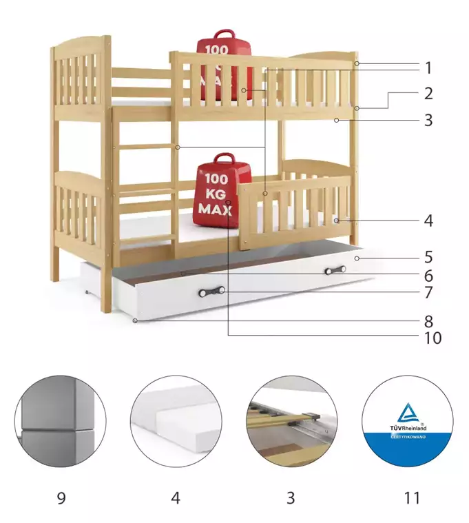 Krevet BMS Kubus na kat + ladica 200x90 cm, PINE bijela