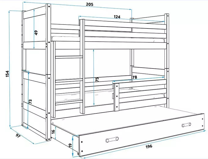 Krevet BMS Rico na kat za 3 osobe 200x90 cm, BIA