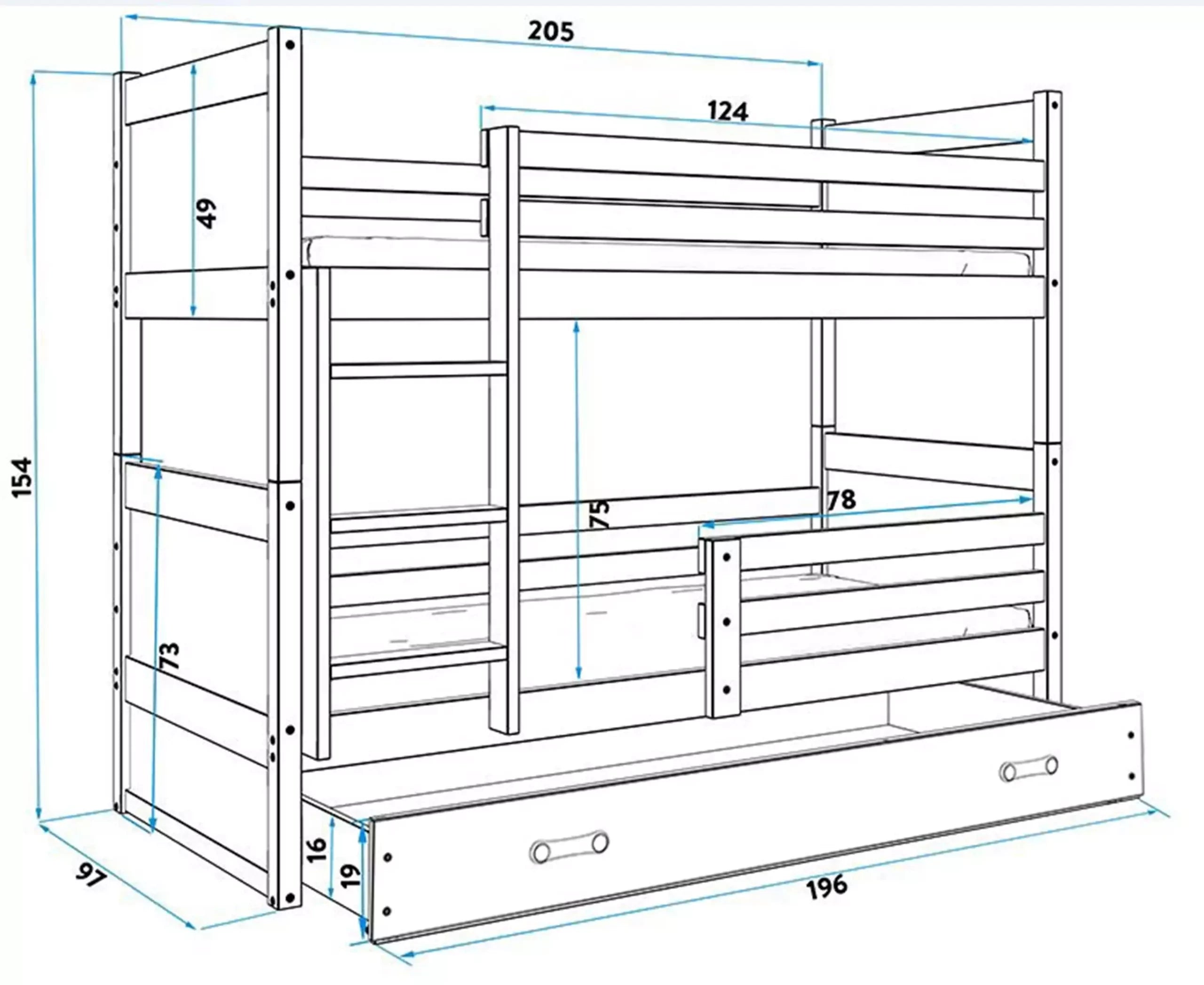 Krevet BMS Rico na kat + ladica 200x90 cm, GRF roza