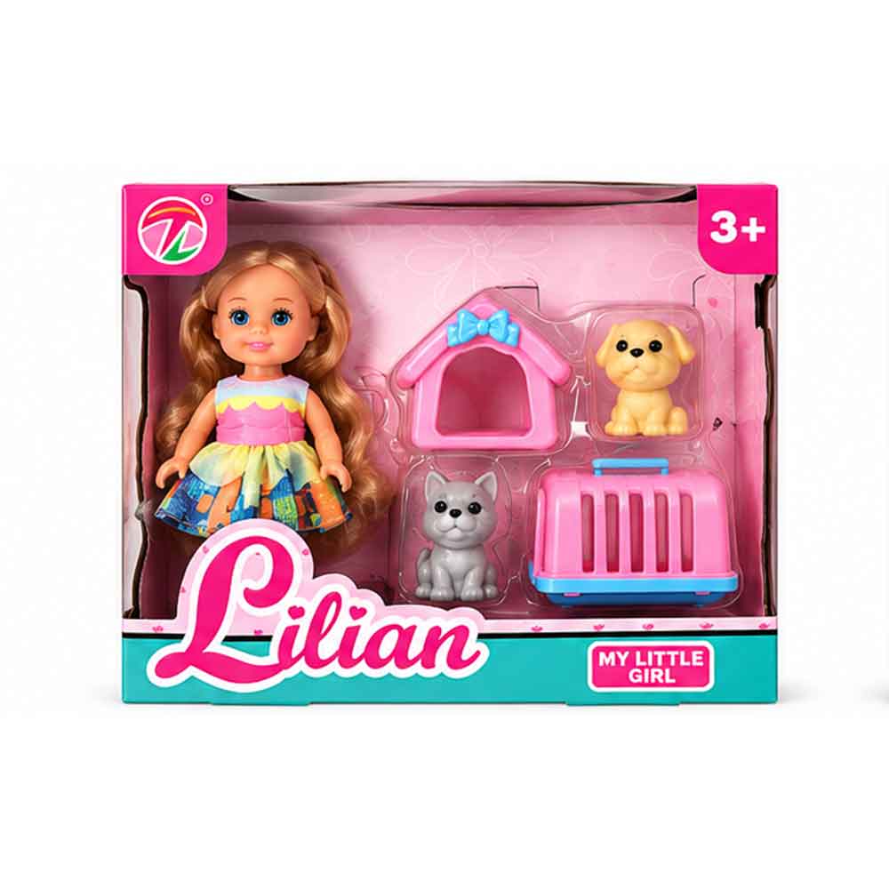 Lutkica Lilian s ljubimcima 5/1 – psić, mačić, kućica i nosiljka - Roza