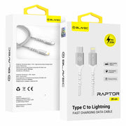 BLAVEC RAPTOR OPLETENI KABEL – TYPE- C NA LIGHTNING – PD 20W 2.4A 0.25 m bijelo-srebrni