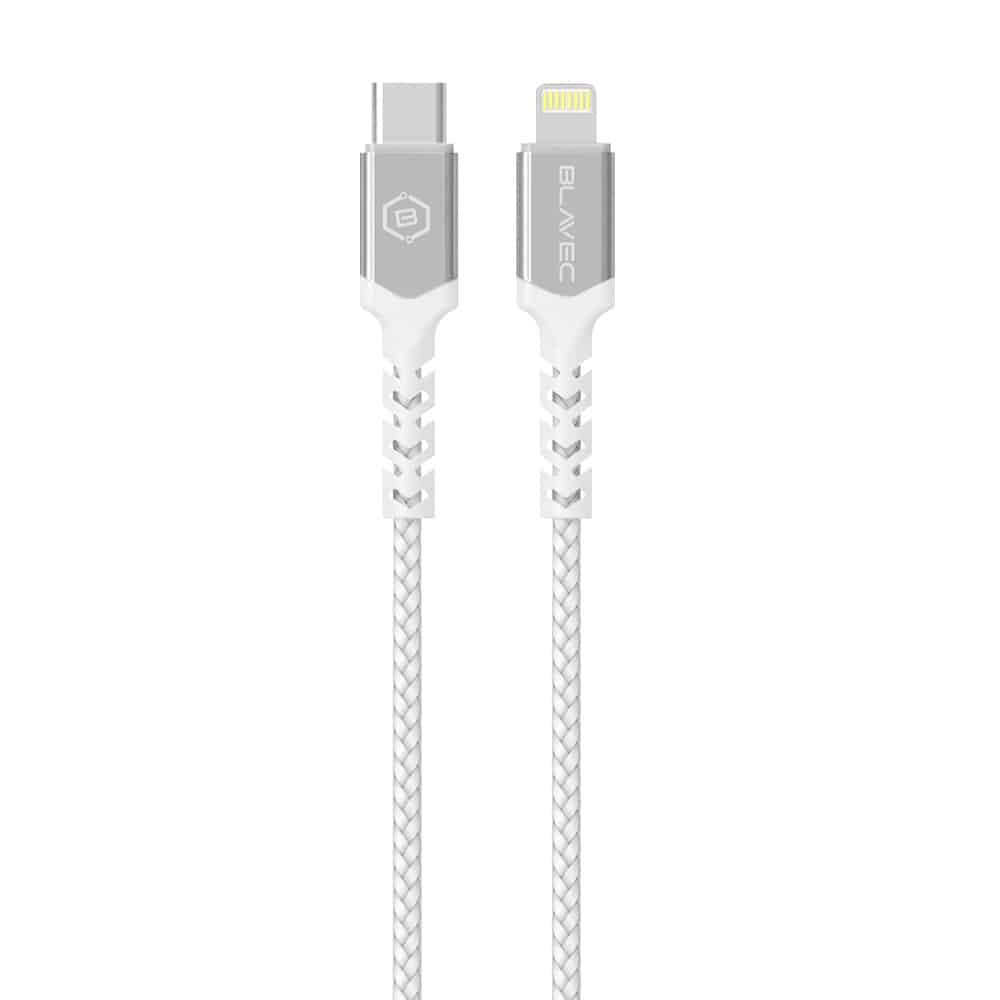 BLAVEC RAPTOR OPLETENI KABEL – TYPE- C NA LIGHTNING – PD 20W 2.4A 3m bijelo-srebrni