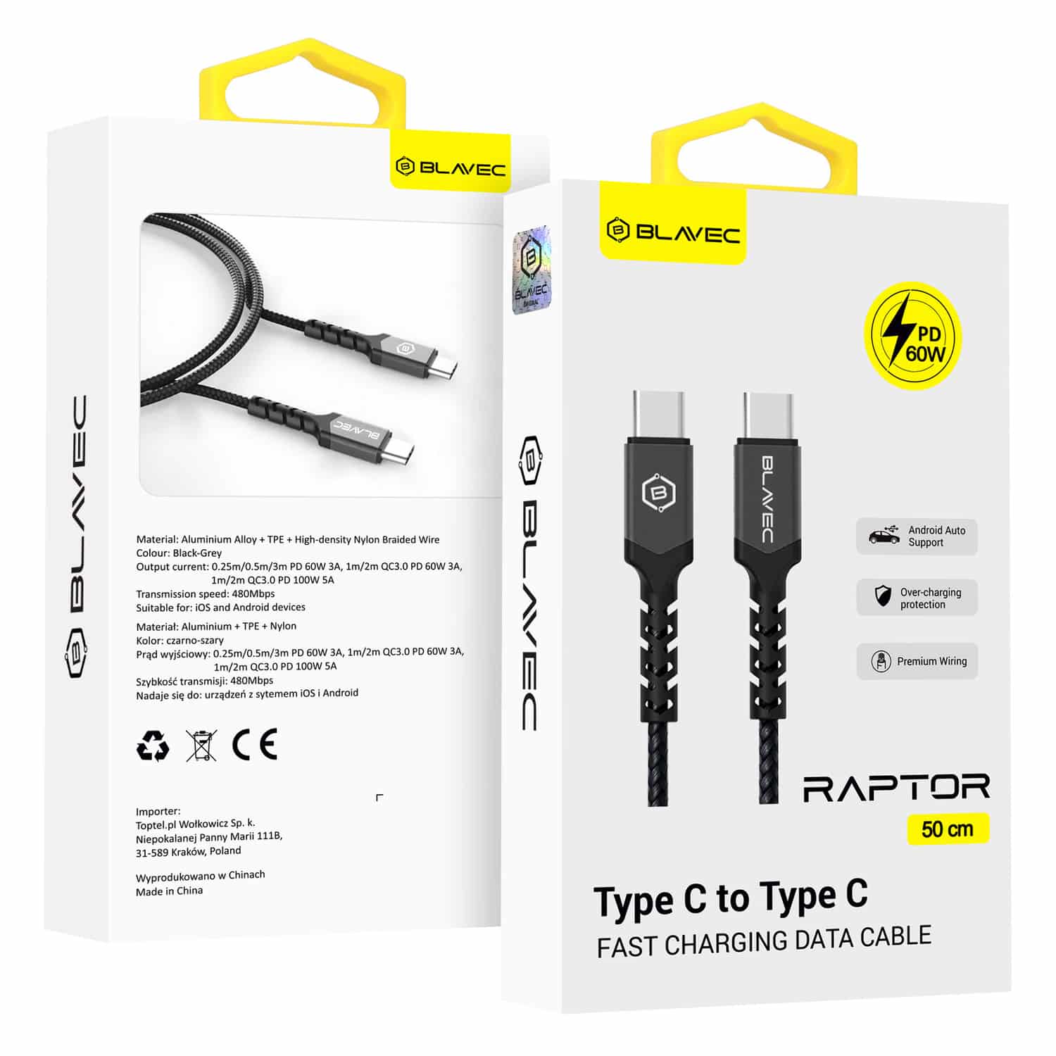 BLAVEC RAPTOR OPLETENI KABEL – TIP C DO TIP C – PD 60W 3A 50 cm – crni