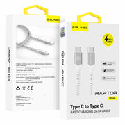 BLAVEC RAPTOR OPLETENI KABEL – TIP C DO TIP C – PD 60W 3A 50 cm – bijelo-srebrni