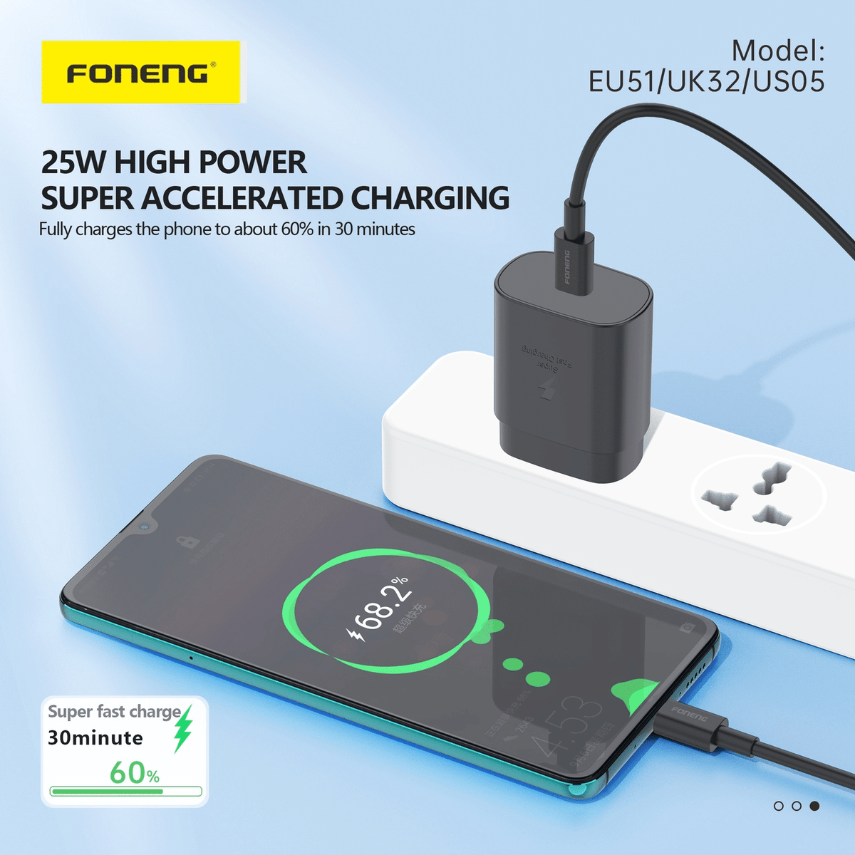 Brzi punjač za mobitele Type-C sa GaN tehnologijom - Foneng EU51 - PD 25W - crni
