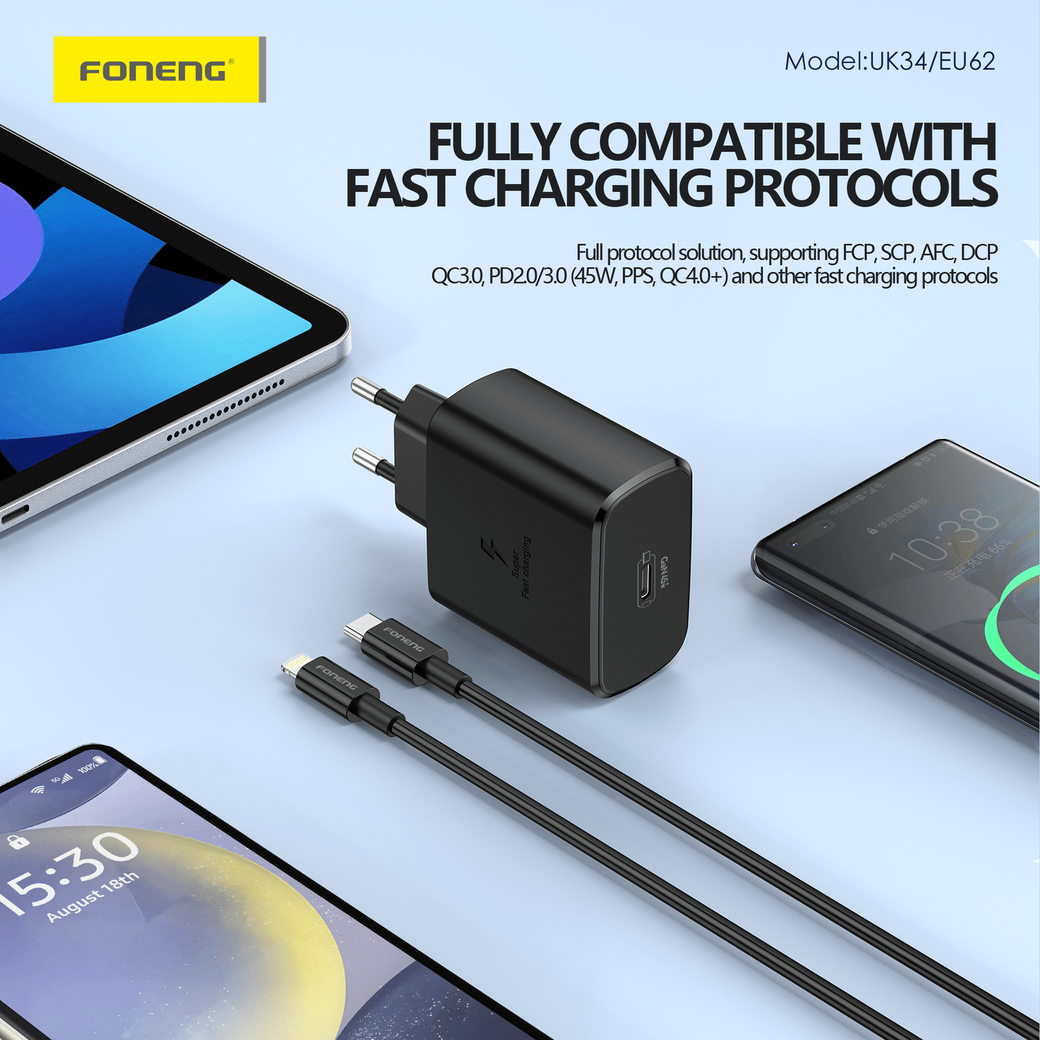 Foneng EU62 GaN zidni punjač - Type-C - PD 45 W - crni