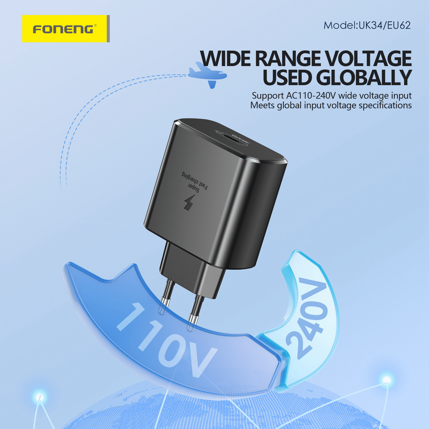 Foneng EU62 GaN zidni punjač - Type-C - PD 45 W - crni