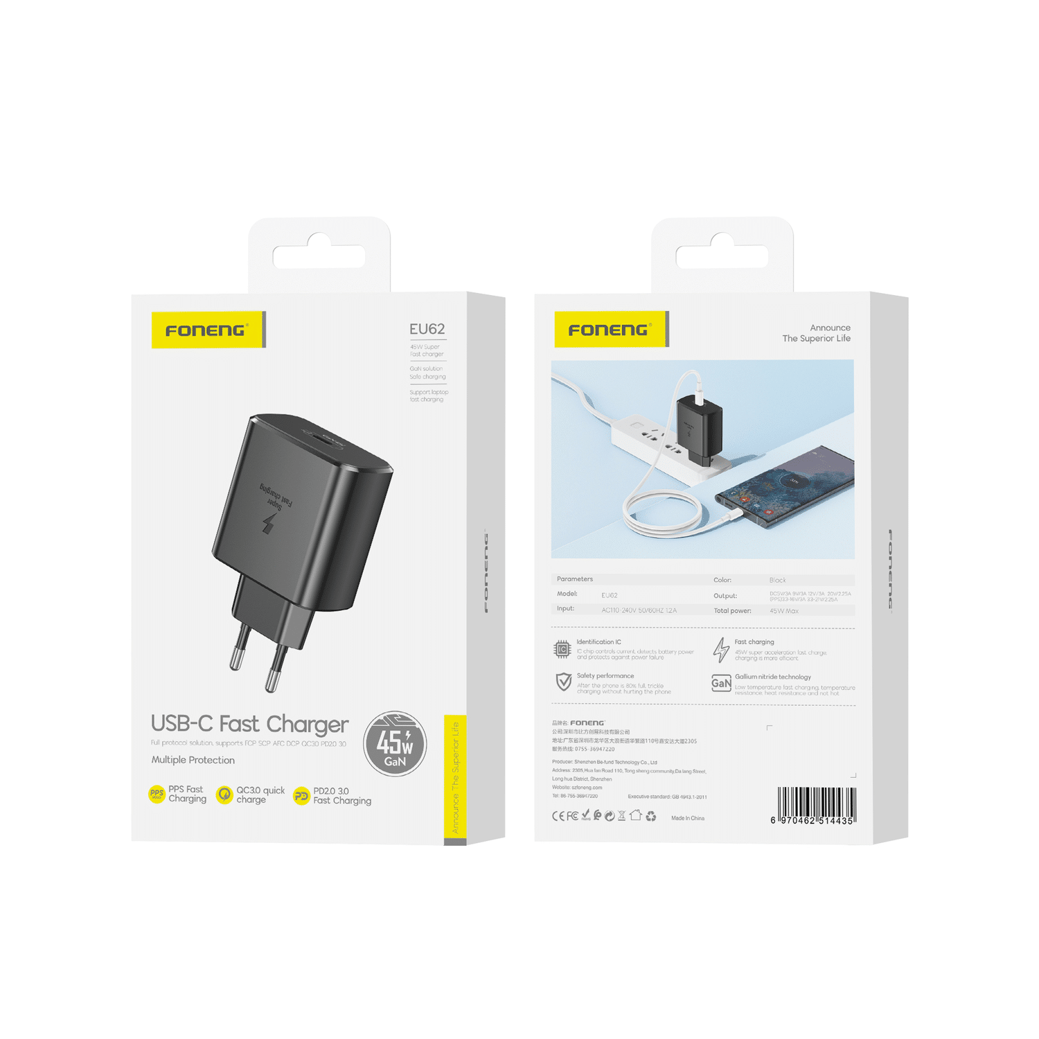 Foneng EU62 GaN zidni punjač - Type-C - PD 45 W - crni
