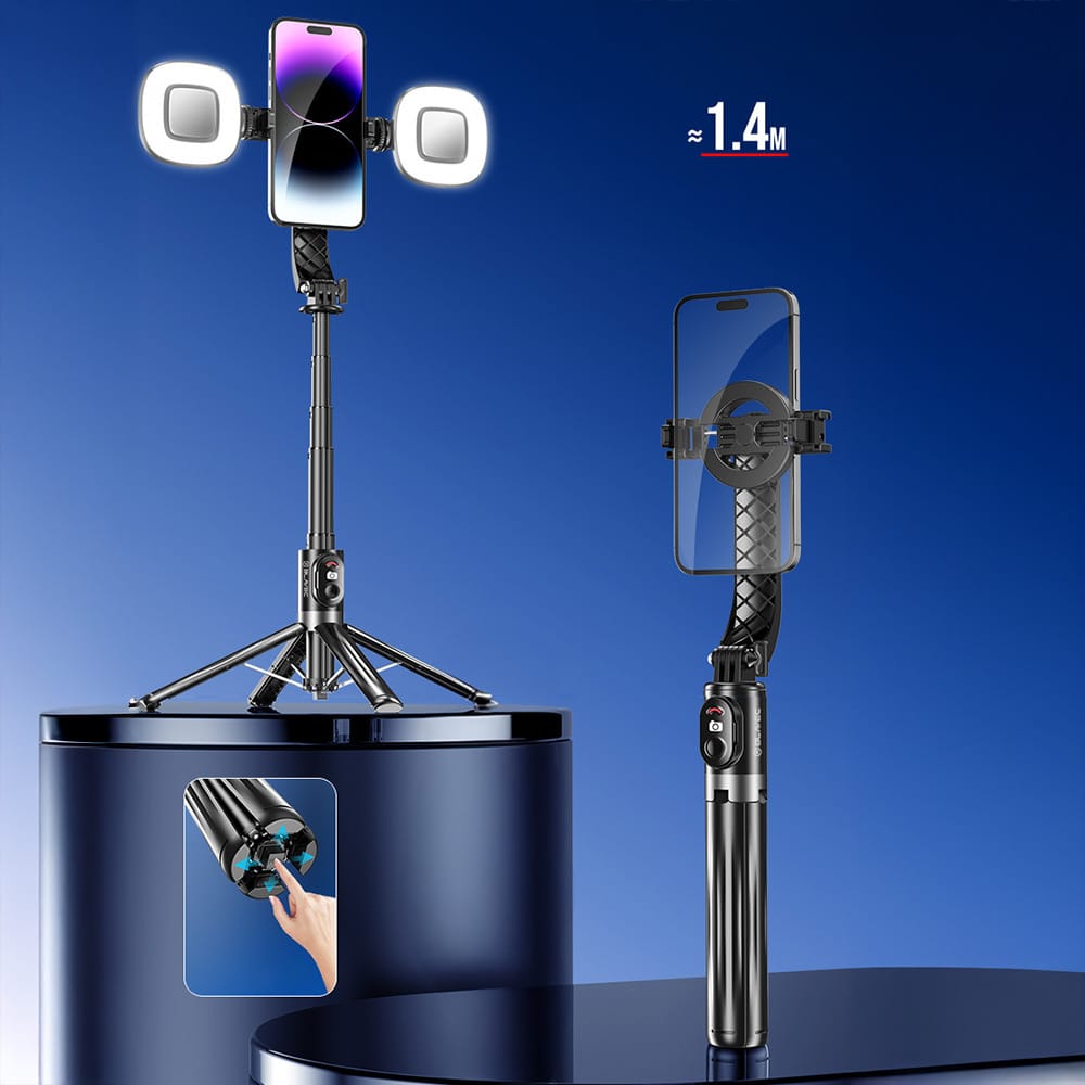 Blavec Selfie Stick Aluminium Fusion P07 Magsafe stativ + daljinski upravljač + 2 lampe 140 cm crni
