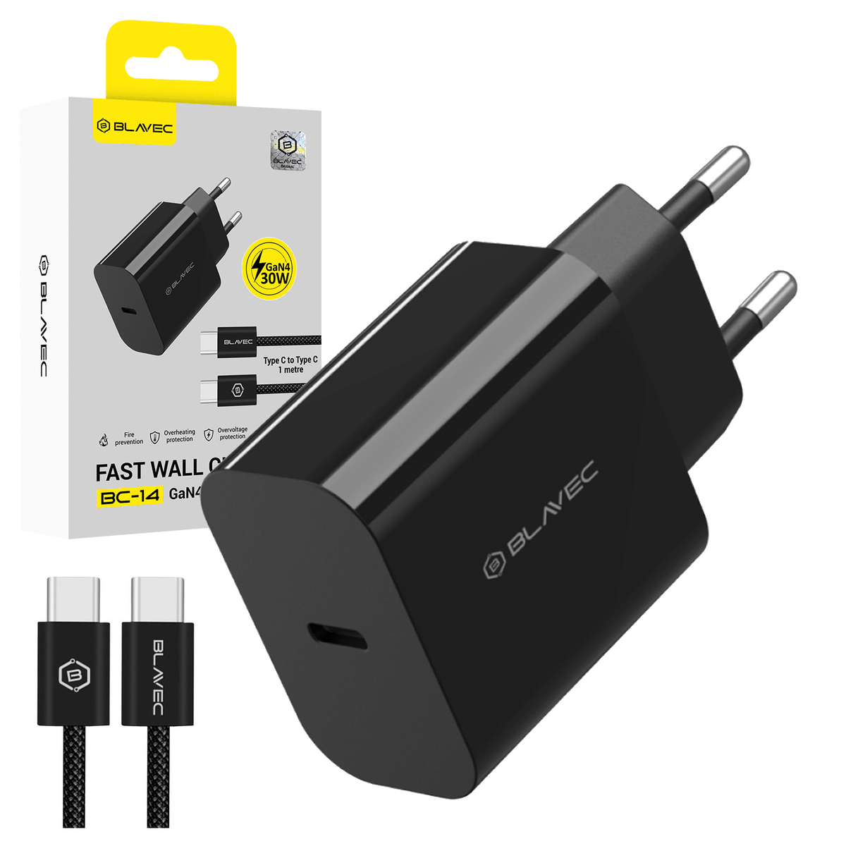 Zidni punjač Blavec GaN4 - Tip C - PD QC 30W 3A s kabelom Tip C na Tip C  crni