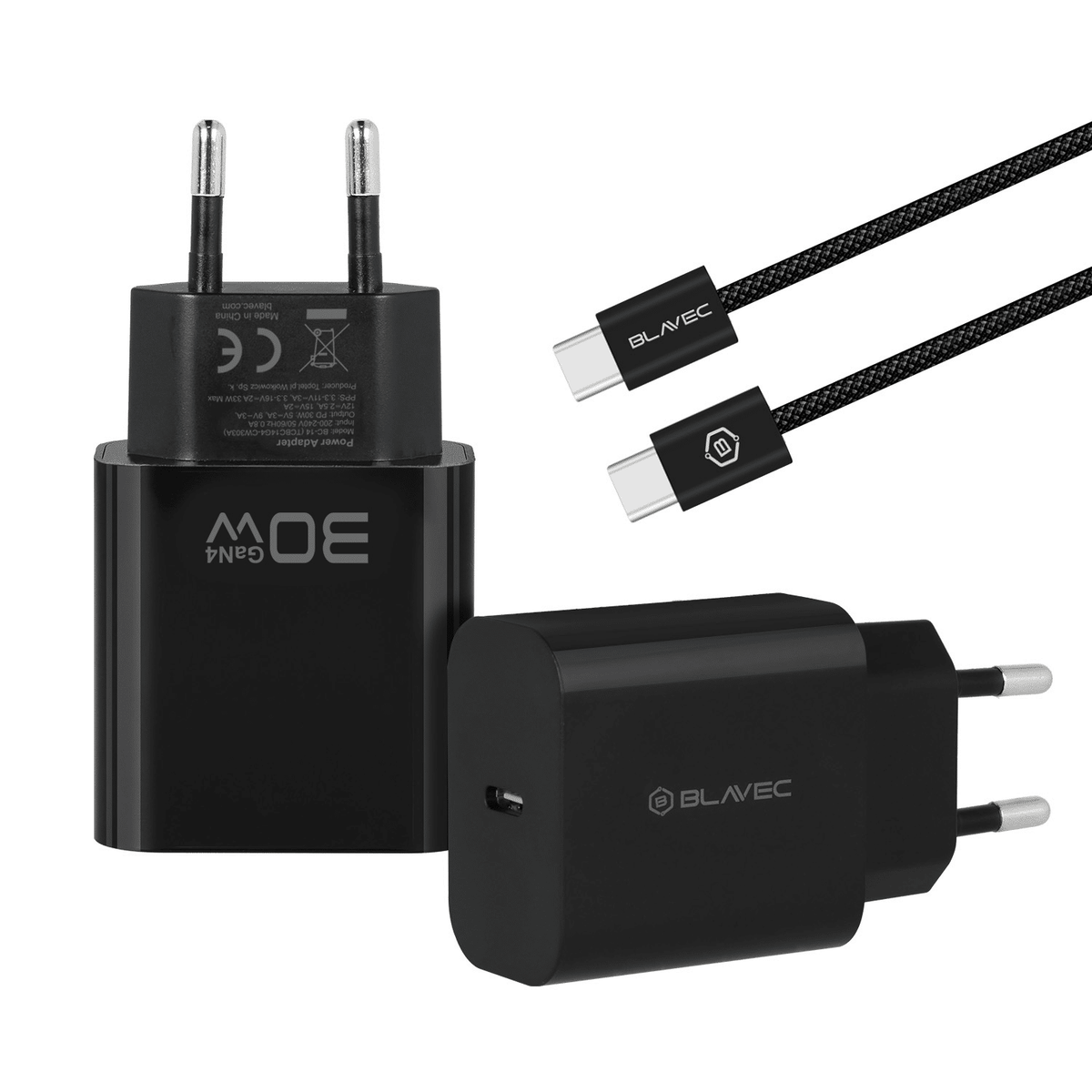 Zidni punjač Blavec GaN4 - Tip C - PD QC 30W 3A s kabelom Tip C na Tip C  crni