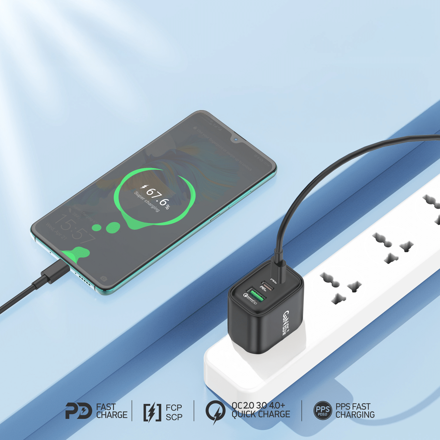 Zidni punjač Foneng GaN PPS - USB + 2xType C - QC 4.0+ PD 65W s Type C na Type C kabelom crni