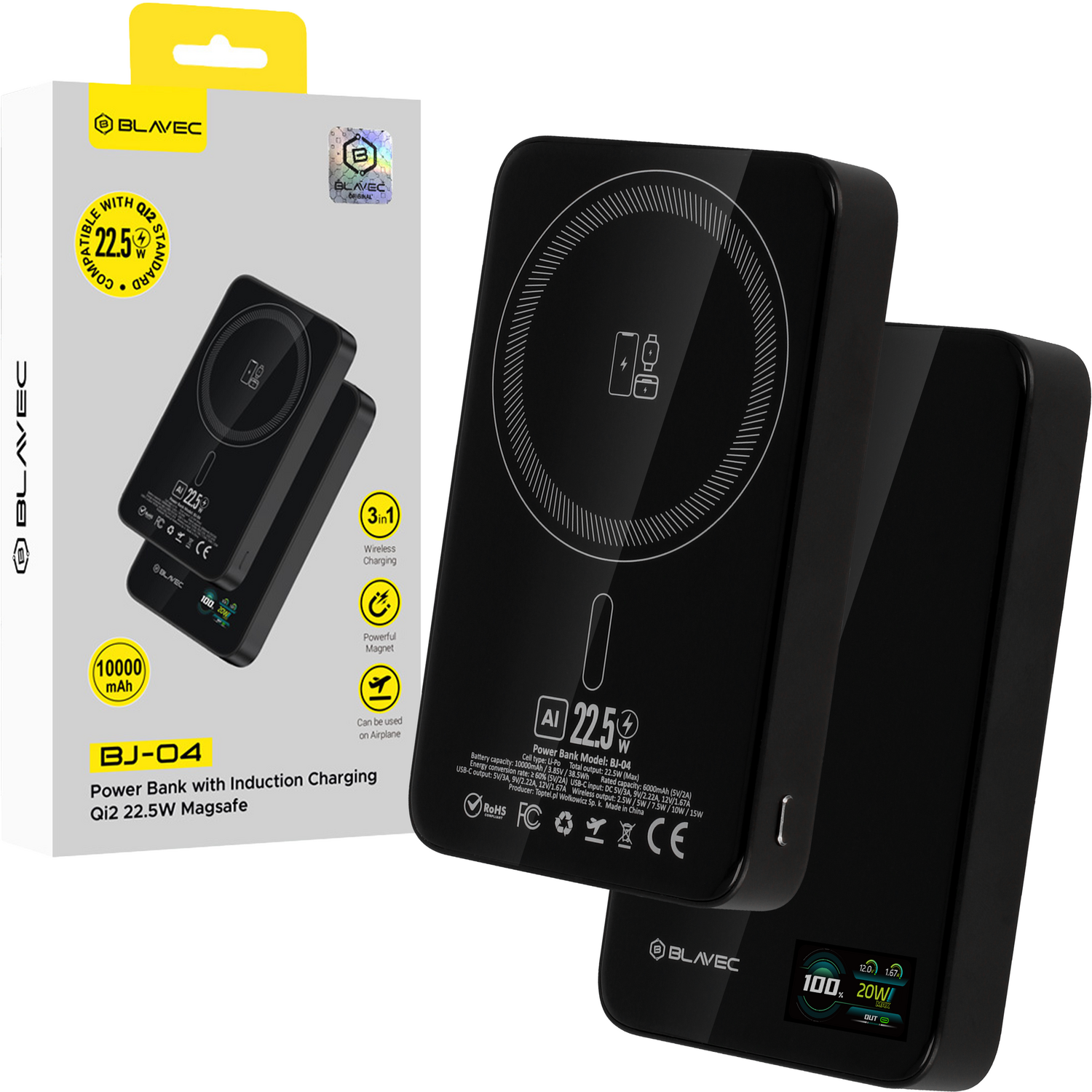 Power Bank Blavec 10000mAh BJ-04 Slim Type- C Magsafe 3 u 1 - crno staklo