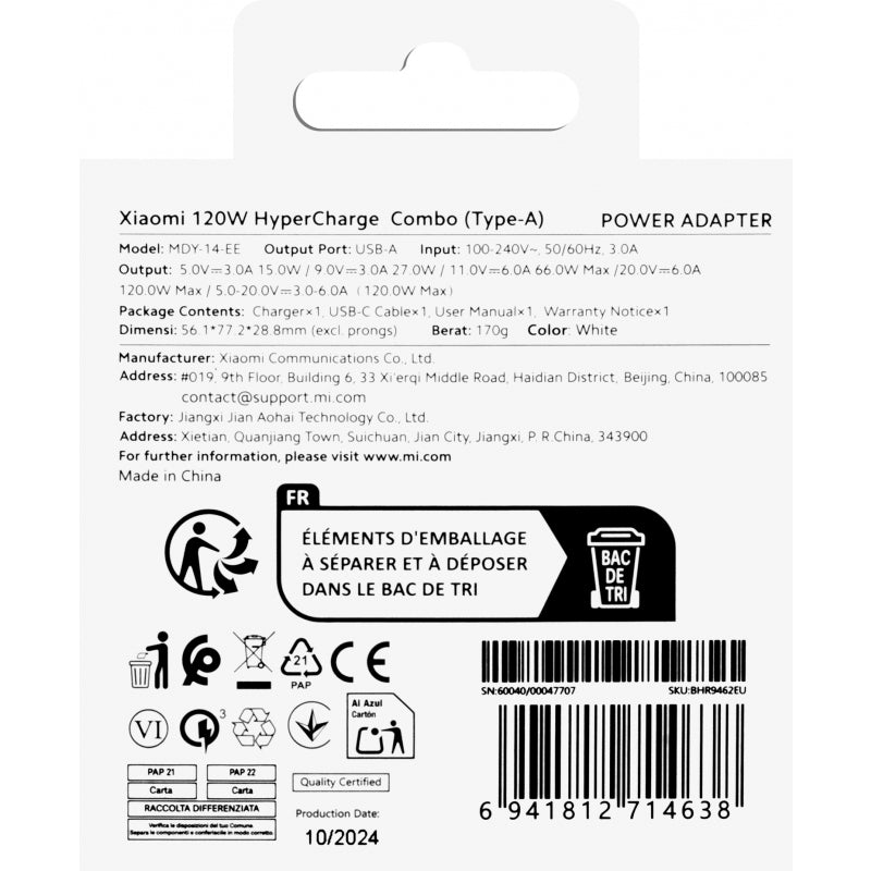 Zidni punjač Xiaomi 120W 6A 1 x USB-A s USB-C kabelom bijeli BHR9462EU