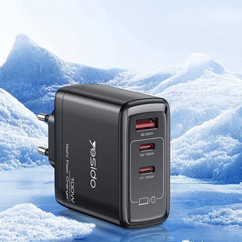 Zidni punjač Yesido YC142 100W 5A 1 x USB-A - 2 x USB-C crni